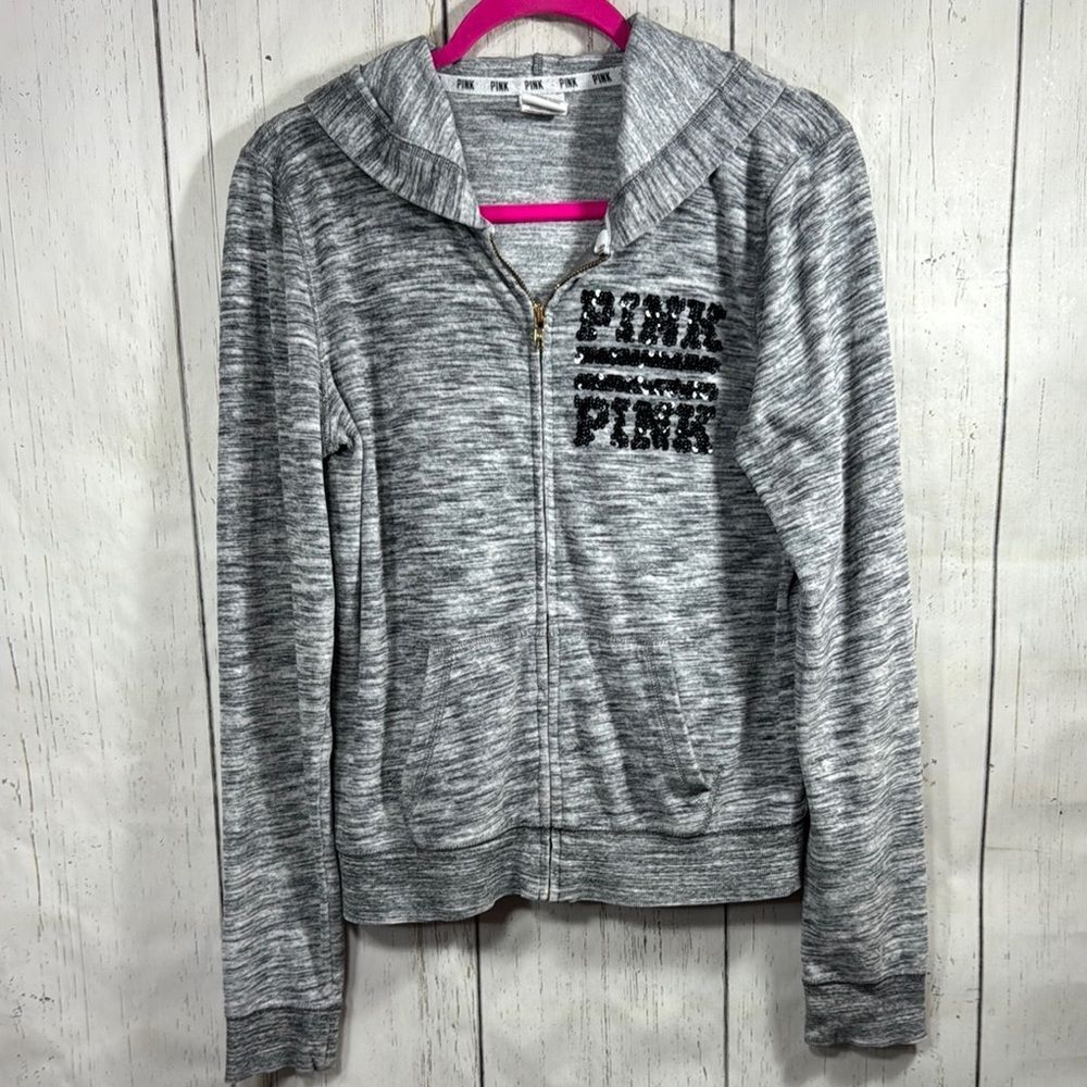 Victorias Secret Pink Hoodie Sweatshirt Sequins Bling Heather Gray Logo Zip Up